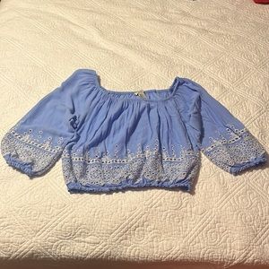 Off Shoulder Embroidered Periwinkle Blue White Forever 21 Top